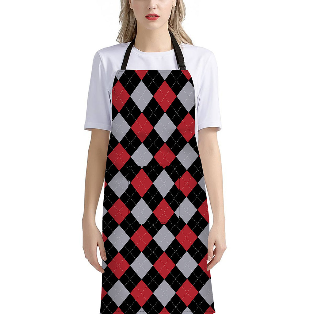 Black Red And Grey Argyle Pattern Print Bib Apron With Pocket