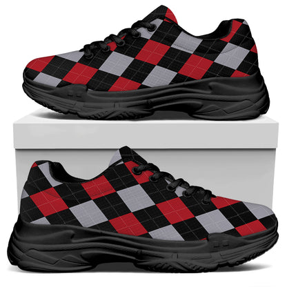Black Red And Grey Argyle Pattern Print Black Chunky Shoes