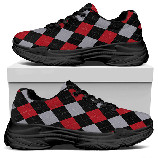 Black Red And Grey Argyle Pattern Print Black Chunky Shoes