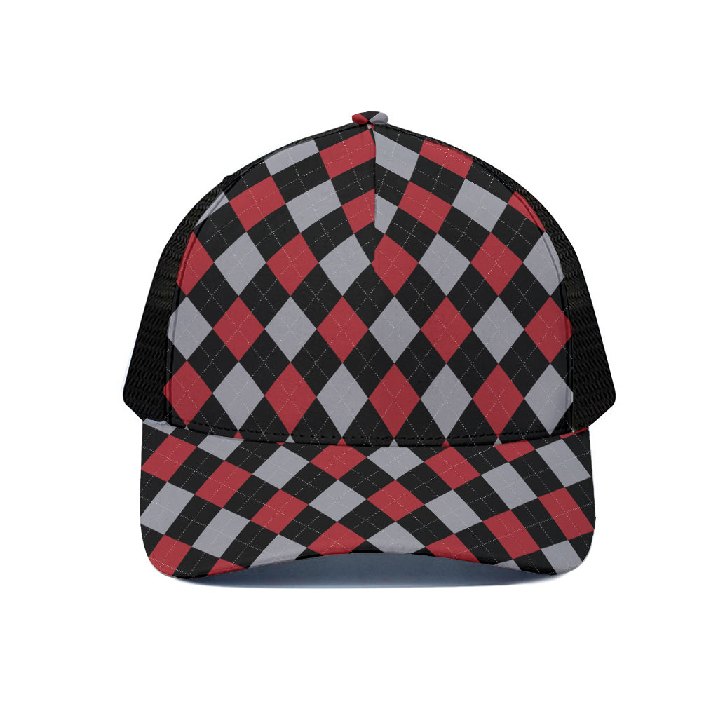 Black Red And Grey Argyle Pattern Print Black Mesh Trucker Cap
