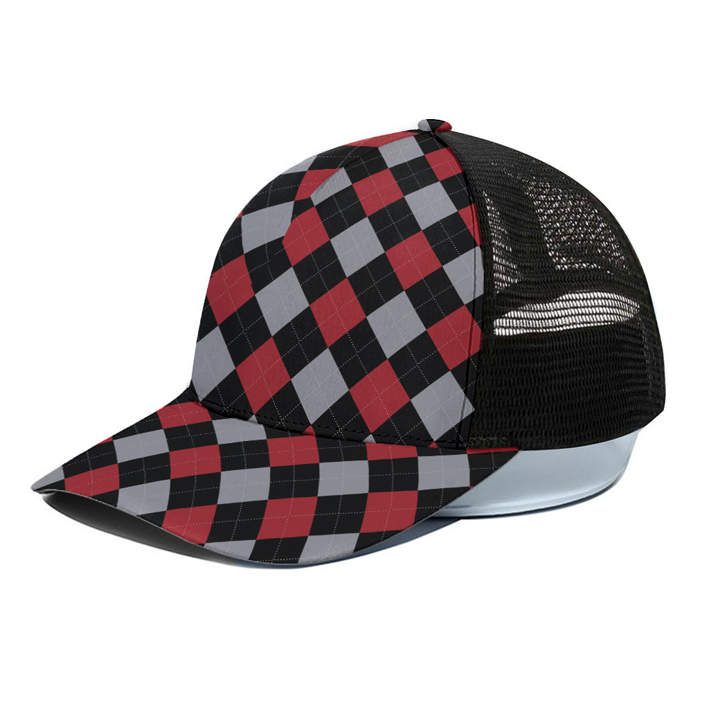 Black Red And Grey Argyle Pattern Print Black Mesh Trucker Cap