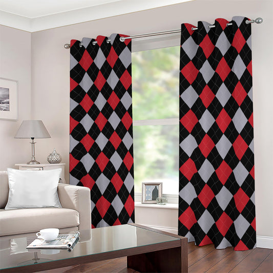 Black Red And Grey Argyle Pattern Print Blackout Grommet Curtains