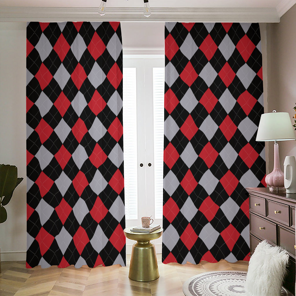 Black Red And Grey Argyle Pattern Print Blackout Pencil Pleat Curtains