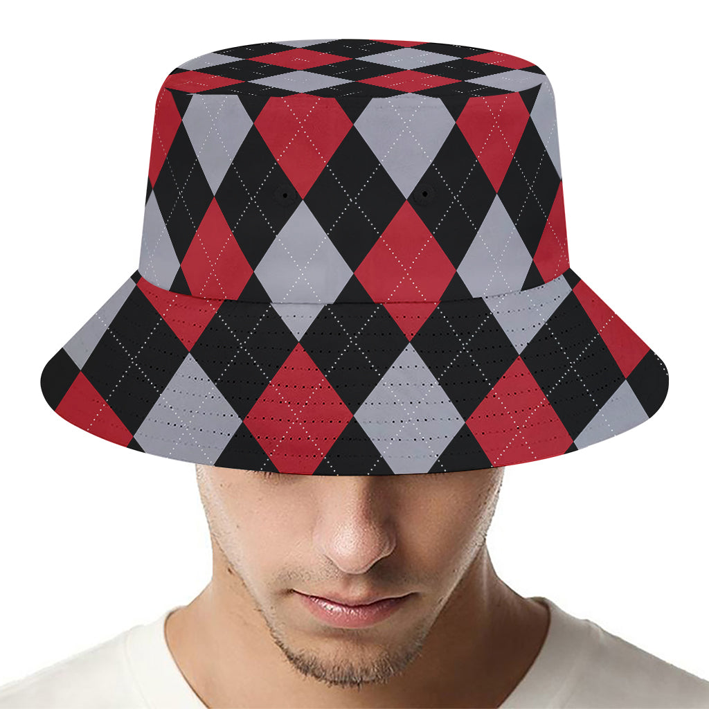 Black Red And Grey Argyle Pattern Print Bucket Hat