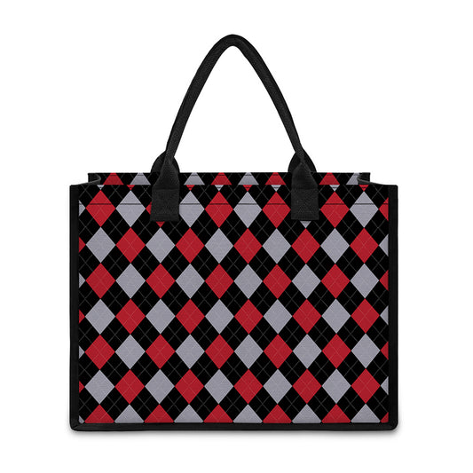 Black Red And Grey Argyle Pattern Print Canvas Tote Bag