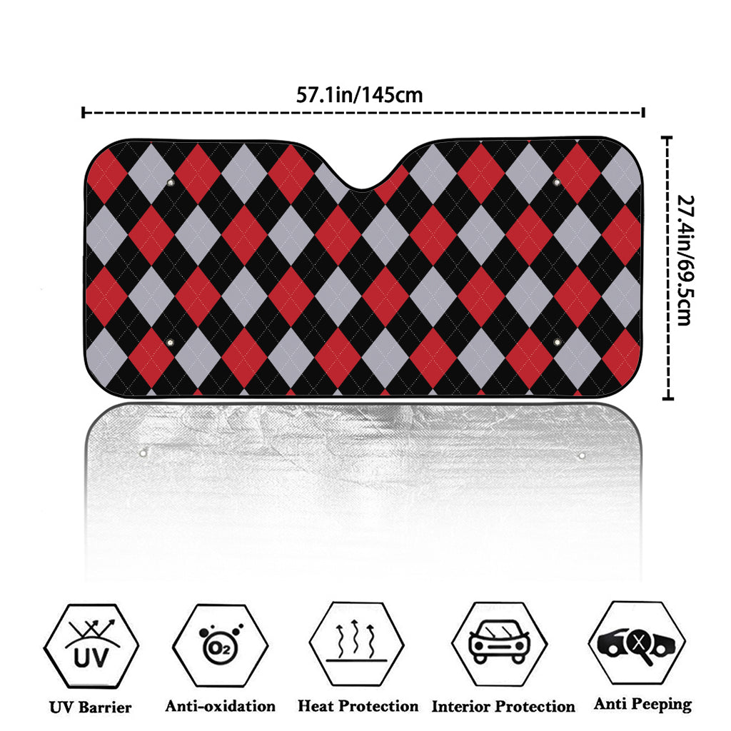 Black Red And Grey Argyle Pattern Print Car Windshield Sun Shade