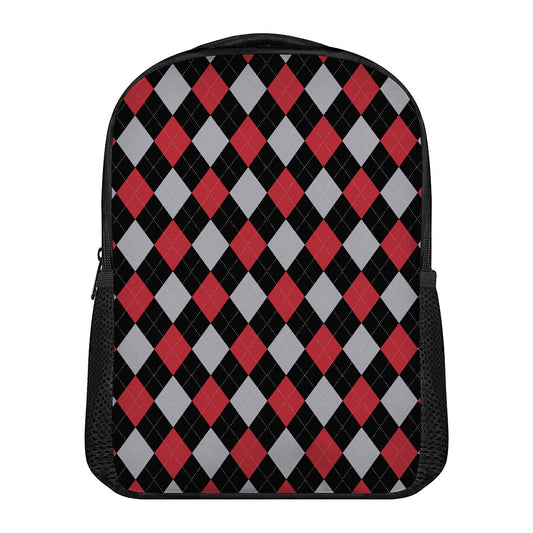 Black Red And Grey Argyle Pattern Print Casual Backpack