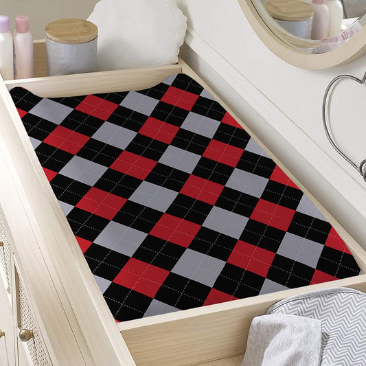 Black Red And Grey Argyle Pattern Print Changing Pad Cover