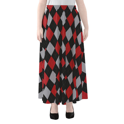 Black Red And Grey Argyle Pattern Print Chiffon Maxi Skirt