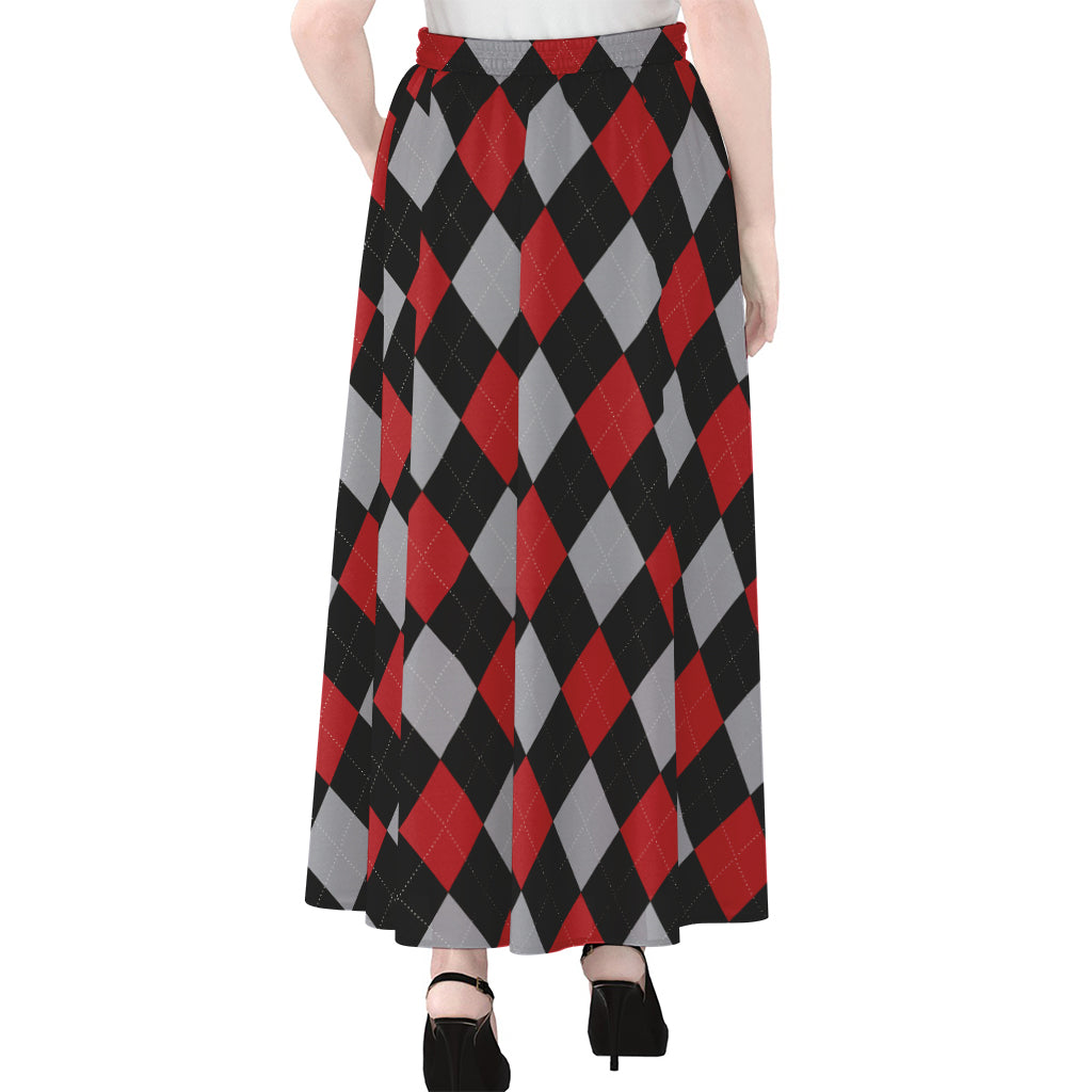 Black Red And Grey Argyle Pattern Print Chiffon Maxi Skirt