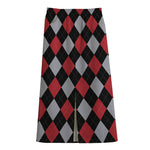 Black Red And Grey Argyle Pattern Print Cotton Front Slit Maxi Skirt