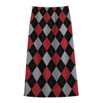 Black Red And Grey Argyle Pattern Print Cotton Front Slit Maxi Skirt