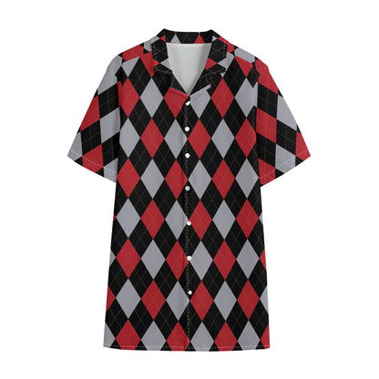 Black Red And Grey Argyle Pattern Print Cotton Hawaiian Shirt