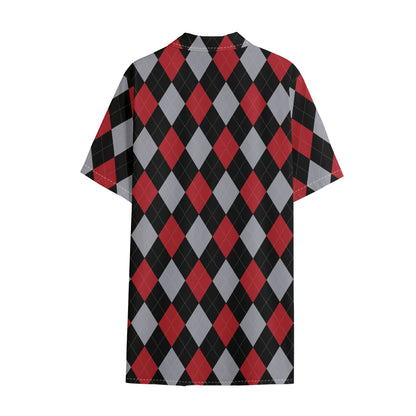 Black Red And Grey Argyle Pattern Print Cotton Hawaiian Shirt