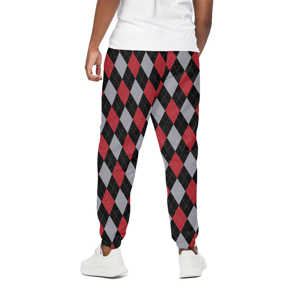 Black Red And Grey Argyle Pattern Print Cotton Pants