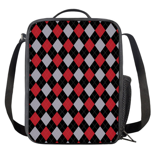 Black Red And Grey Argyle Pattern Print Crossbody Lunch Bag