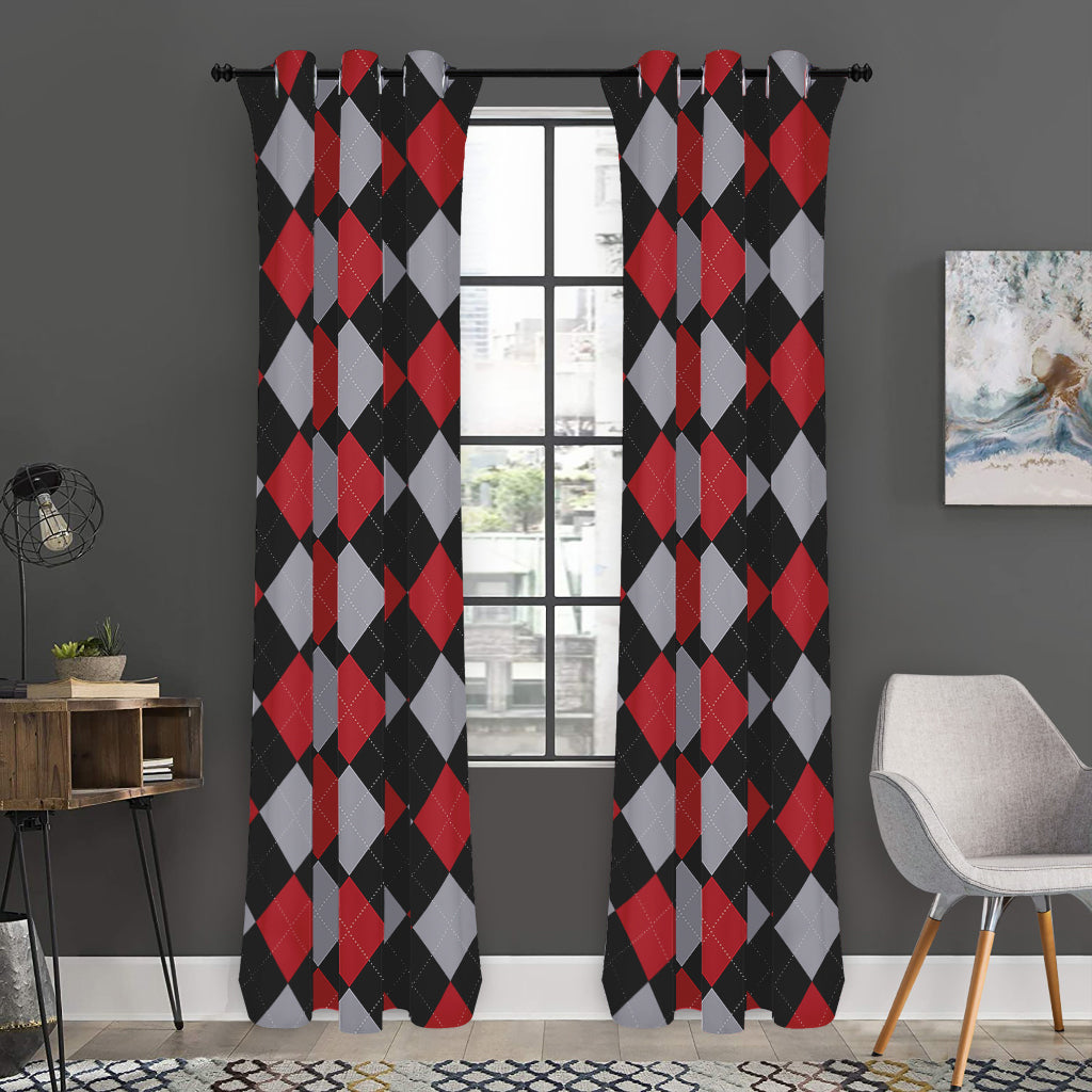 Black Red And Grey Argyle Pattern Print Curtain