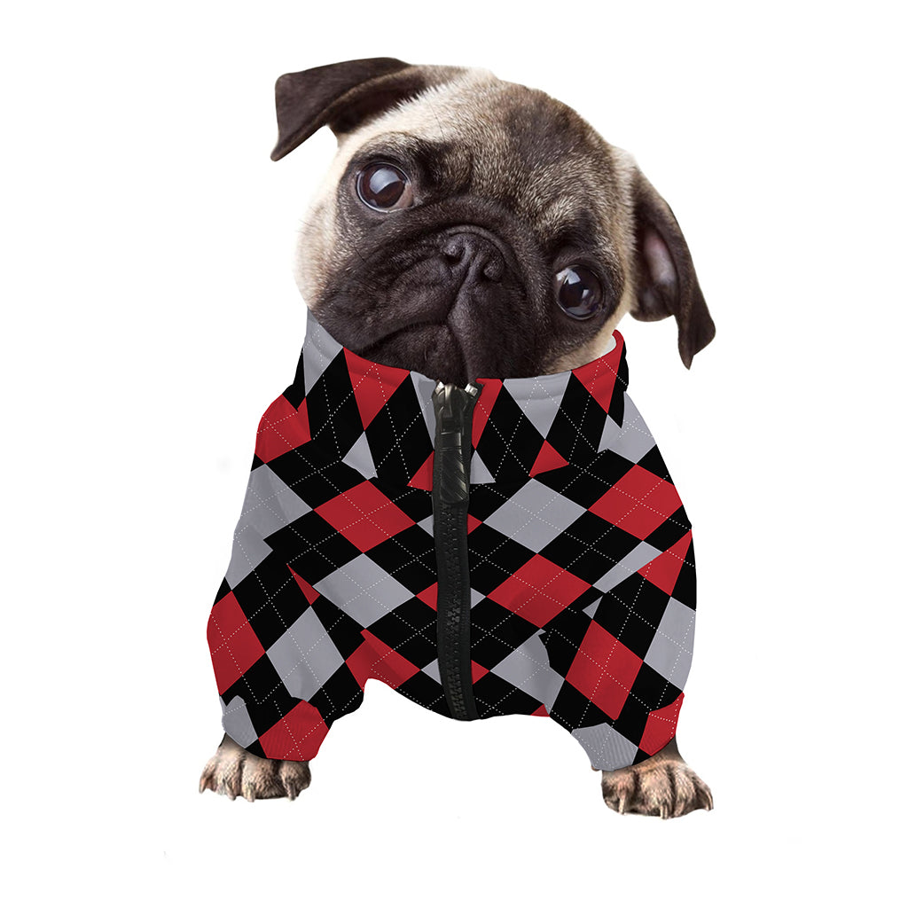 Black Red And Grey Argyle Pattern Print Dog Zip Up Jacket