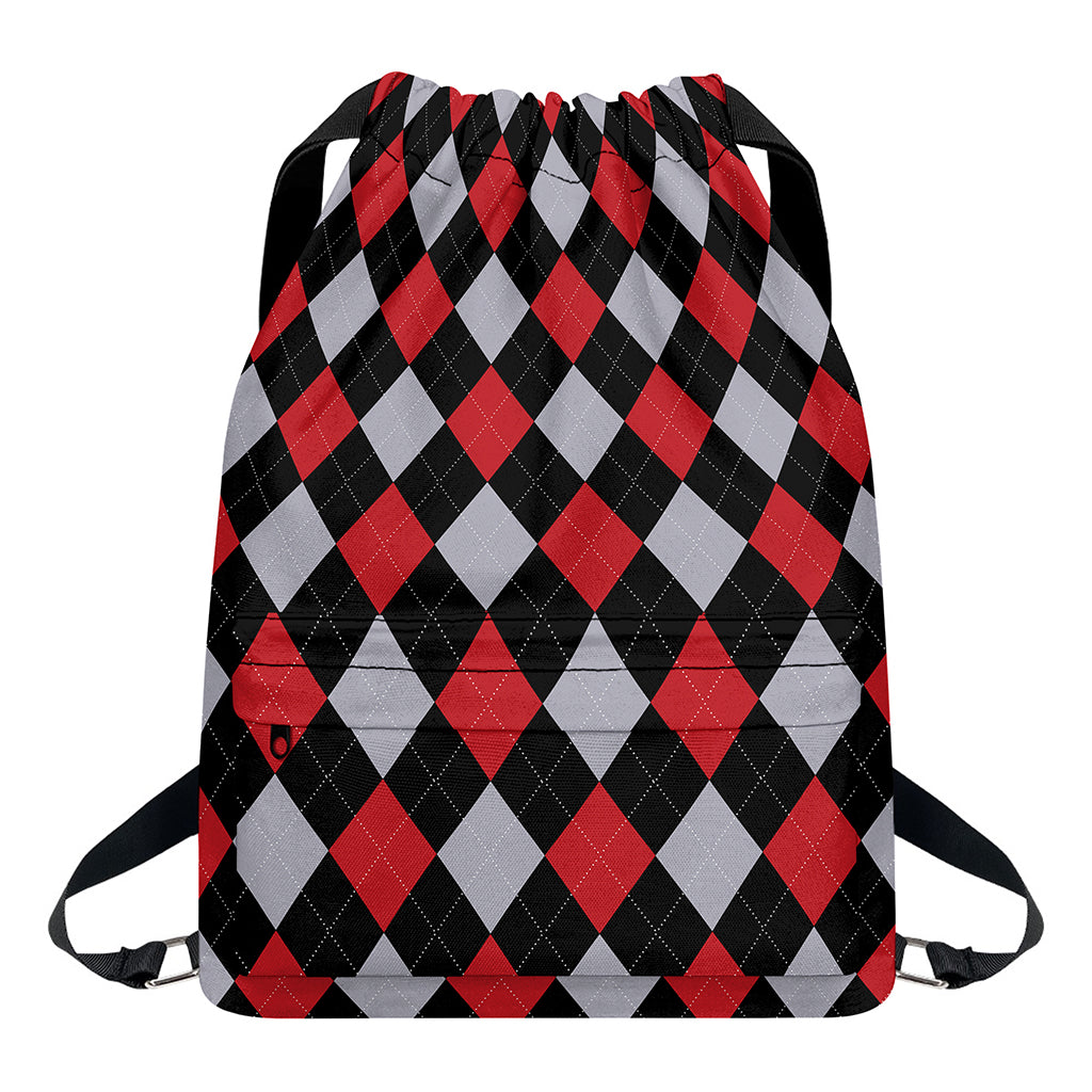 Black Red And Grey Argyle Pattern Print Drawstring Backpack