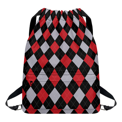 Black Red And Grey Argyle Pattern Print Drawstring Backpack