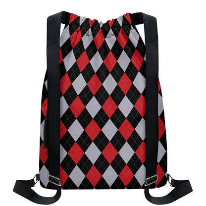Black Red And Grey Argyle Pattern Print Drawstring Backpack
