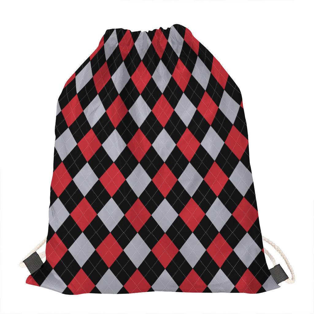 Black Red And Grey Argyle Pattern Print Drawstring Bag