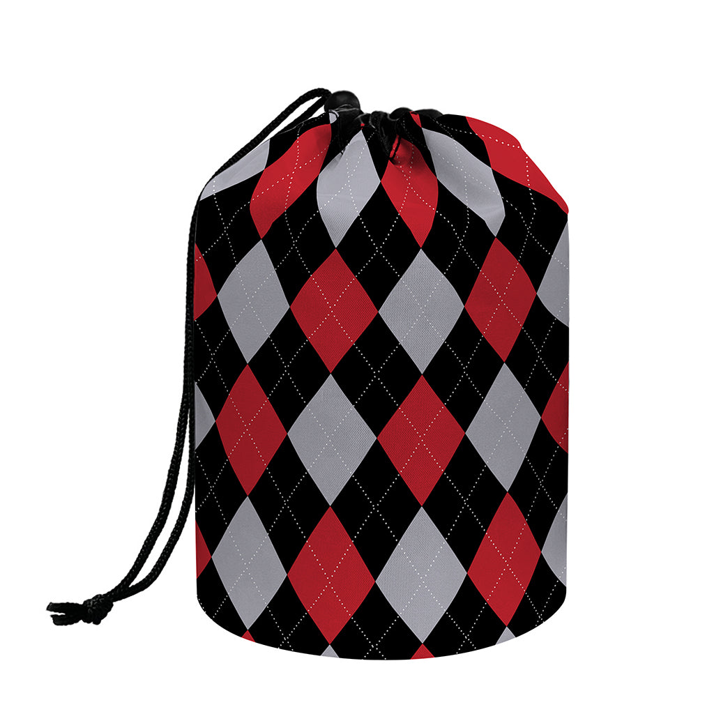 Black Red And Grey Argyle Pattern Print Drawstring Makeup Bag