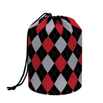 Black Red And Grey Argyle Pattern Print Drawstring Makeup Bag