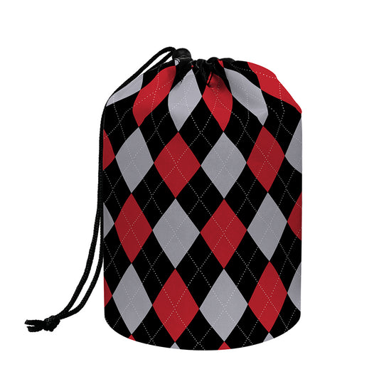 Black Red And Grey Argyle Pattern Print Drawstring Makeup Bag