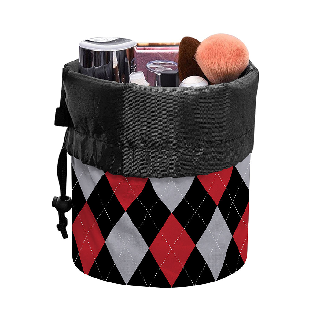 Black Red And Grey Argyle Pattern Print Drawstring Makeup Bag
