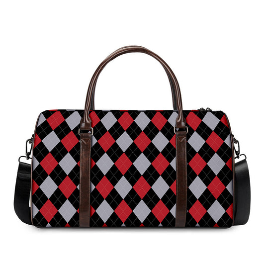 Black Red And Grey Argyle Pattern Print Duffle Bag