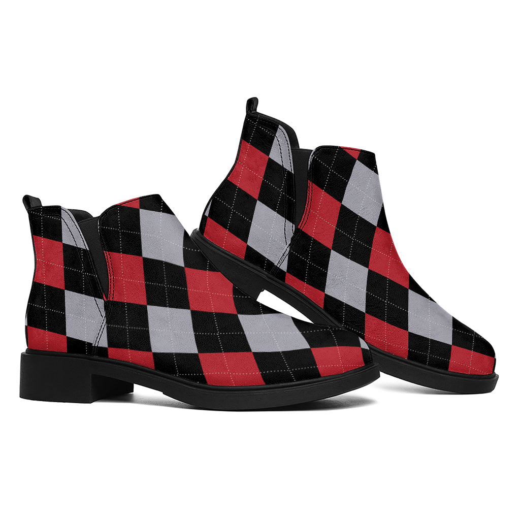 Black Red And Grey Argyle Pattern Print Flat Ankle Boots