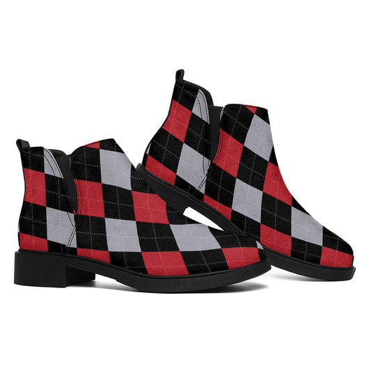 Black Red And Grey Argyle Pattern Print Flat Ankle Boots