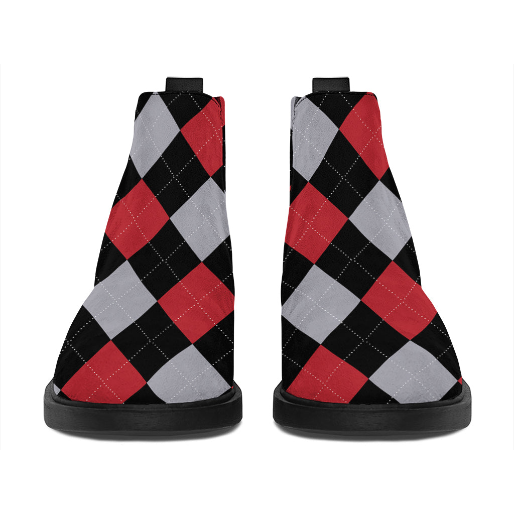 Black Red And Grey Argyle Pattern Print Flat Ankle Boots