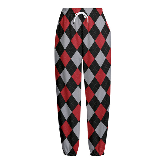 Black Red And Grey Argyle Pattern Print Fleece Lined Knit Pants