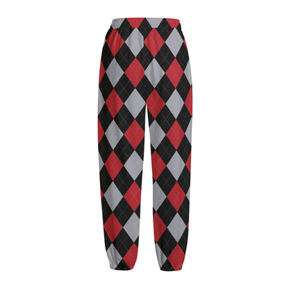 Black Red And Grey Argyle Pattern Print Fleece Lined Knit Pants