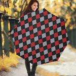 Black Red And Grey Argyle Pattern Print Foldable Umbrella