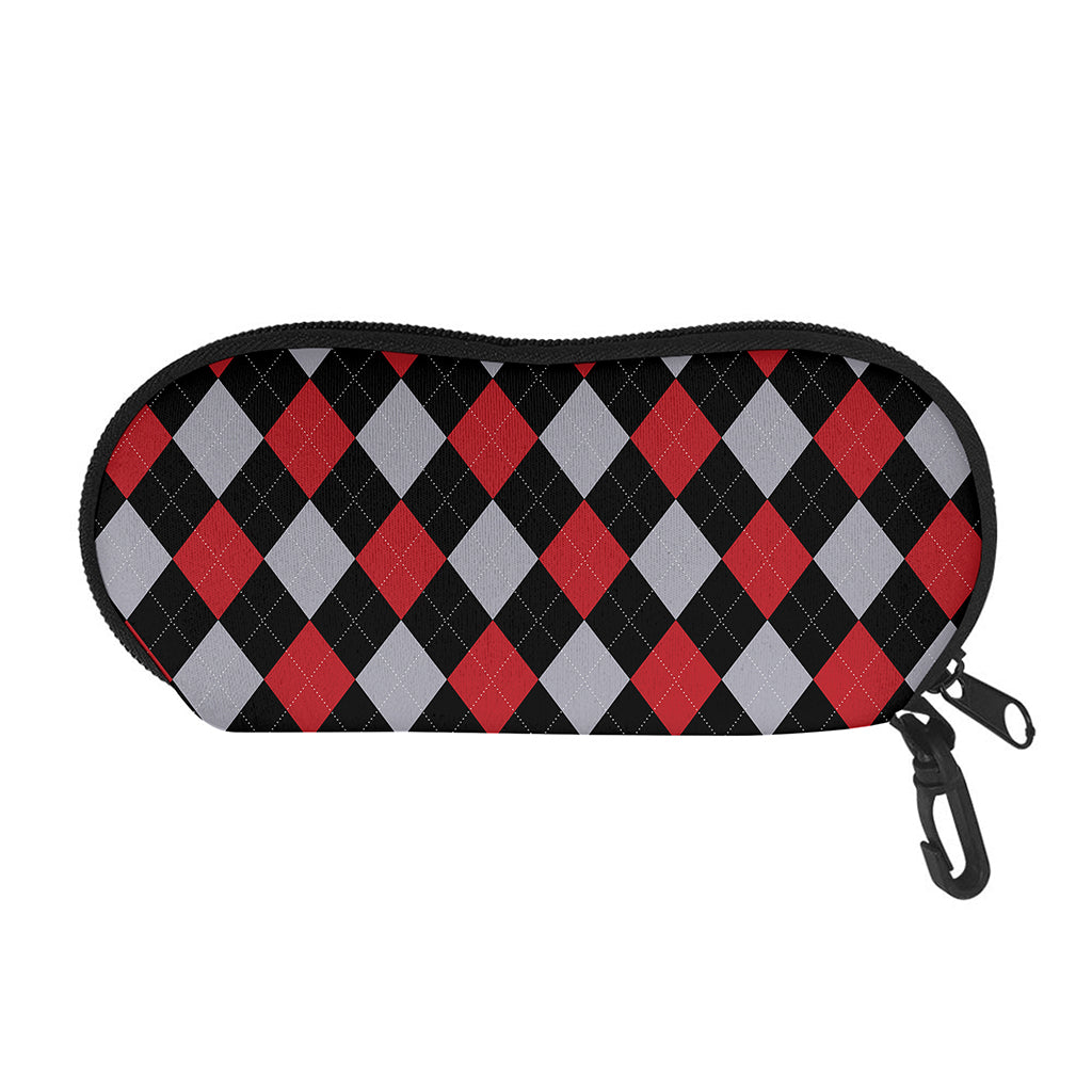 Black Red And Grey Argyle Pattern Print Glasses Case