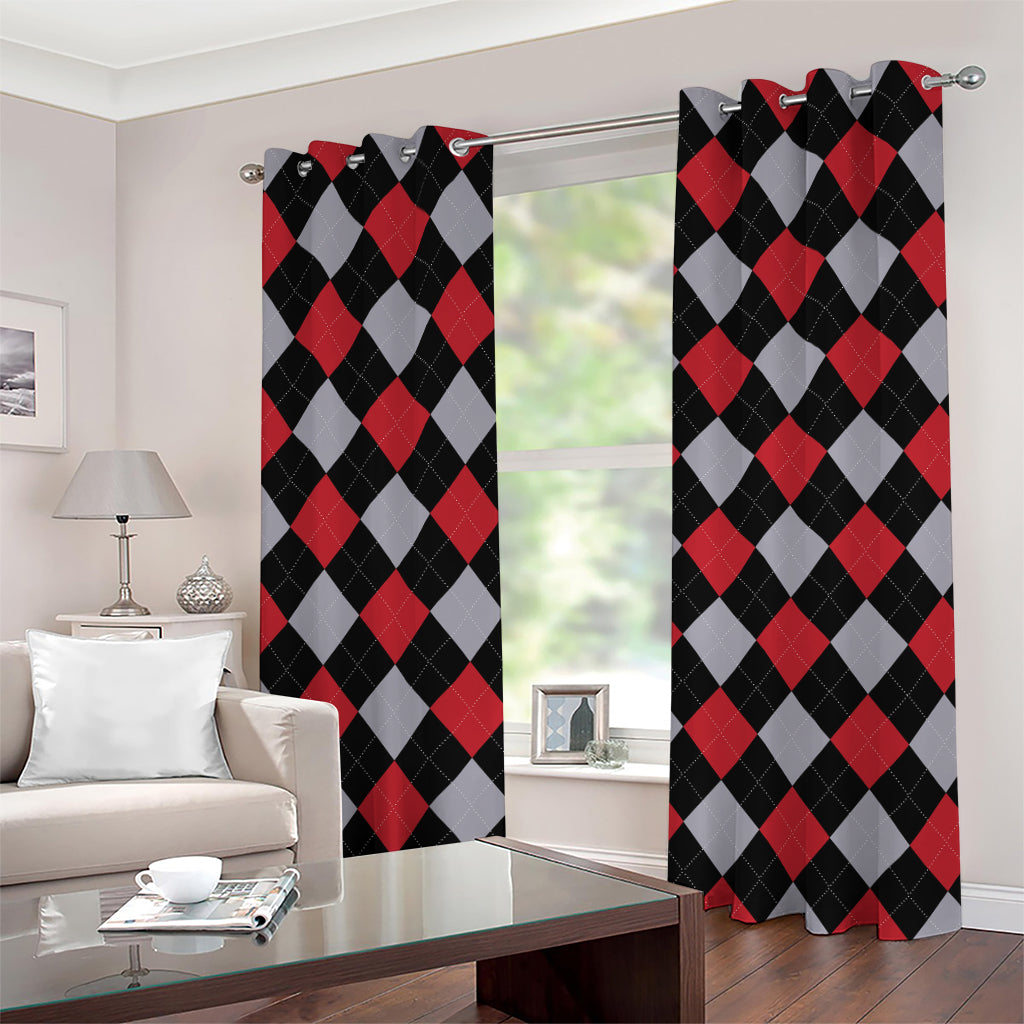 Black Red And Grey Argyle Pattern Print Grommet Curtains