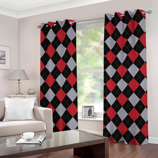 Black Red And Grey Argyle Pattern Print Grommet Curtains