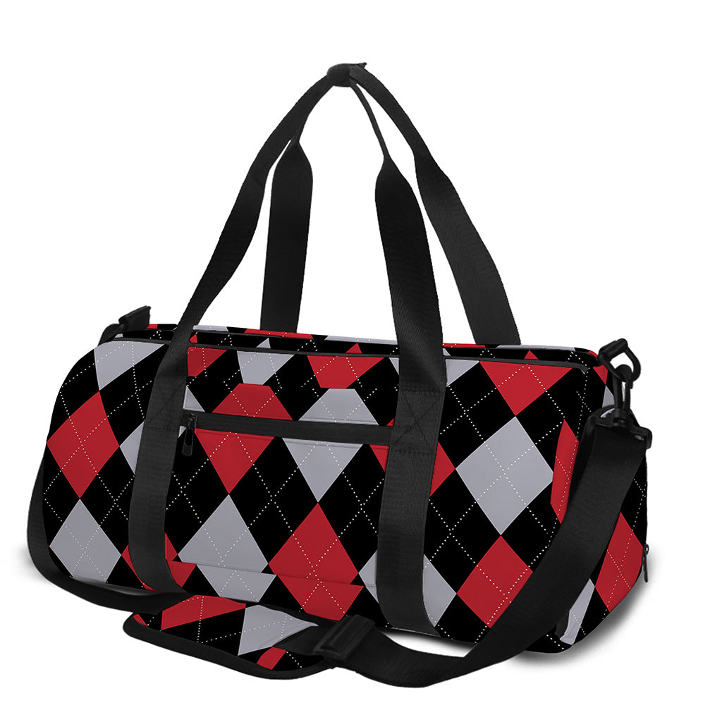 Black Red And Grey Argyle Pattern Print Gym Bag