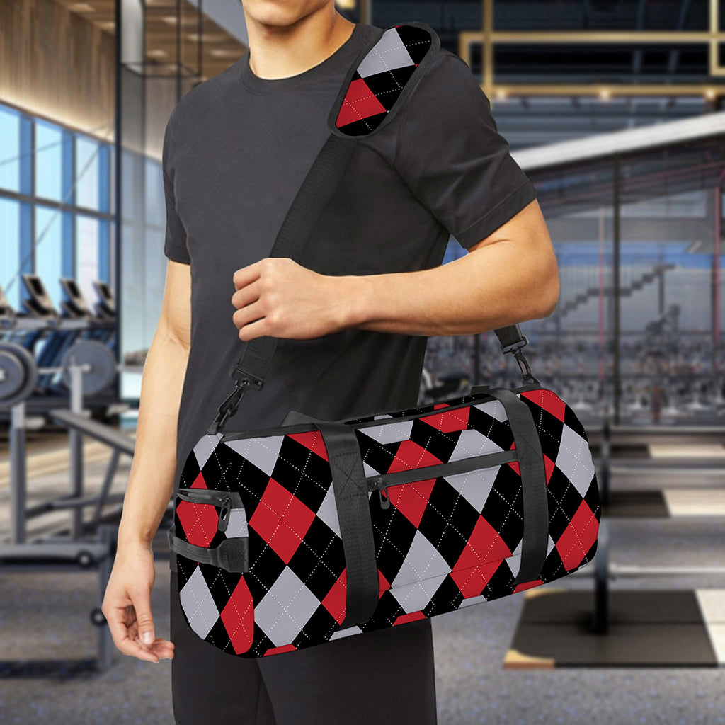 Black Red And Grey Argyle Pattern Print Gym Bag