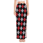 Black Red And Grey Argyle Pattern Print High Slit Maxi Skirt