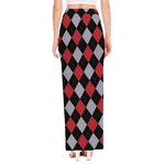 Black Red And Grey Argyle Pattern Print High Slit Maxi Skirt