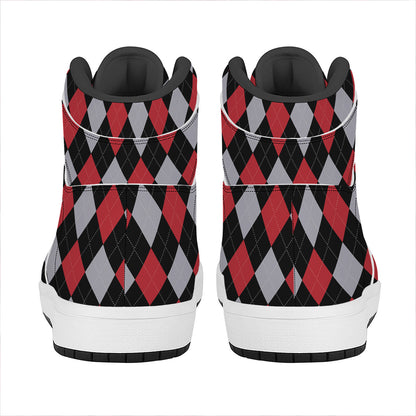 Black Red And Grey Argyle Pattern Print High Top Leather Sneakers