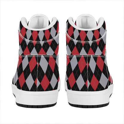 Black Red And Grey Argyle Pattern Print High Top Leather Sneakers