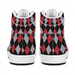 Black Red And Grey Argyle Pattern Print High Top Leather Sneakers