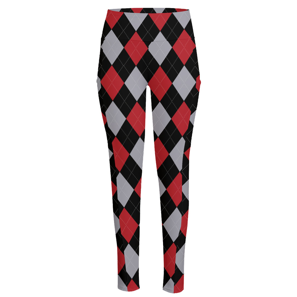 Black Red And Grey Argyle Pattern Print High-Waisted Pocket Leggings