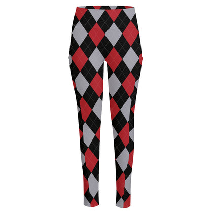 Black Red And Grey Argyle Pattern Print High-Waisted Pocket Leggings