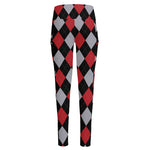Black Red And Grey Argyle Pattern Print High-Waisted Pocket Leggings